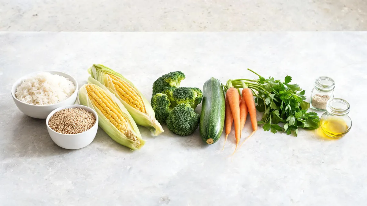 Glutenvrije ingredienten uit een maaltijdbox: rijst, quinoa, groenten en verse kruiden op een lichte ondergrond